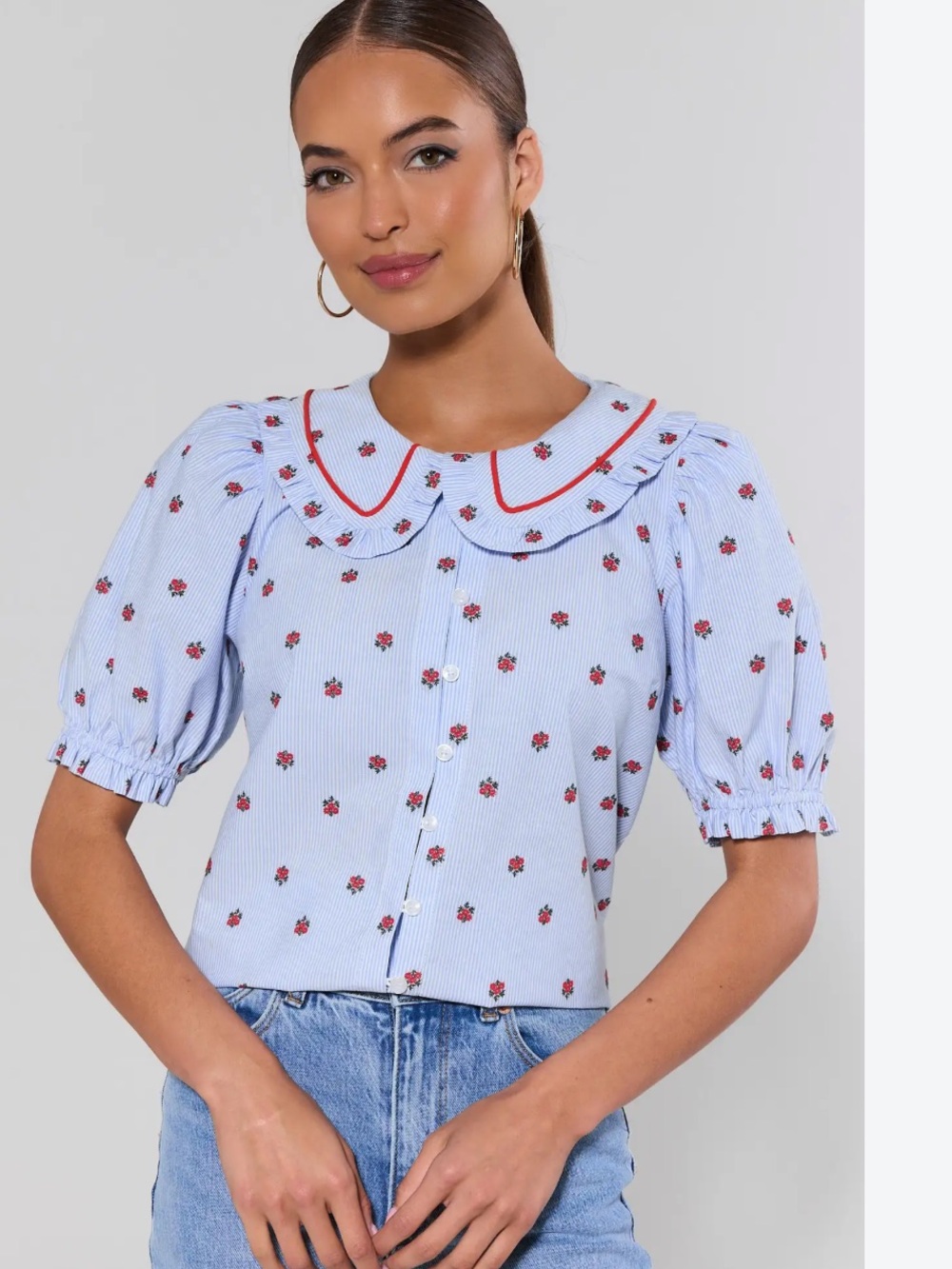 Blue Striped Floral Print Top